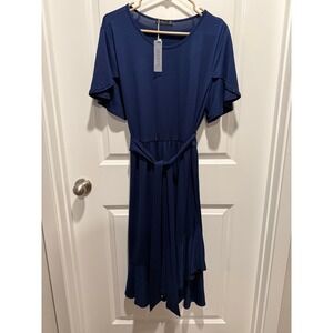 Levaca Navy Blue Flutter Sleeve Midi Dress XL NWT Ruffle Hem Tie Waist Jersey